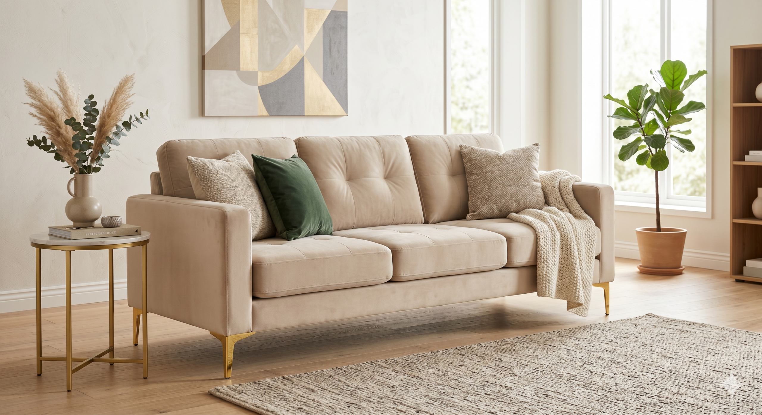 Moderne beige velvet driezitsbank met gouden metalen poten