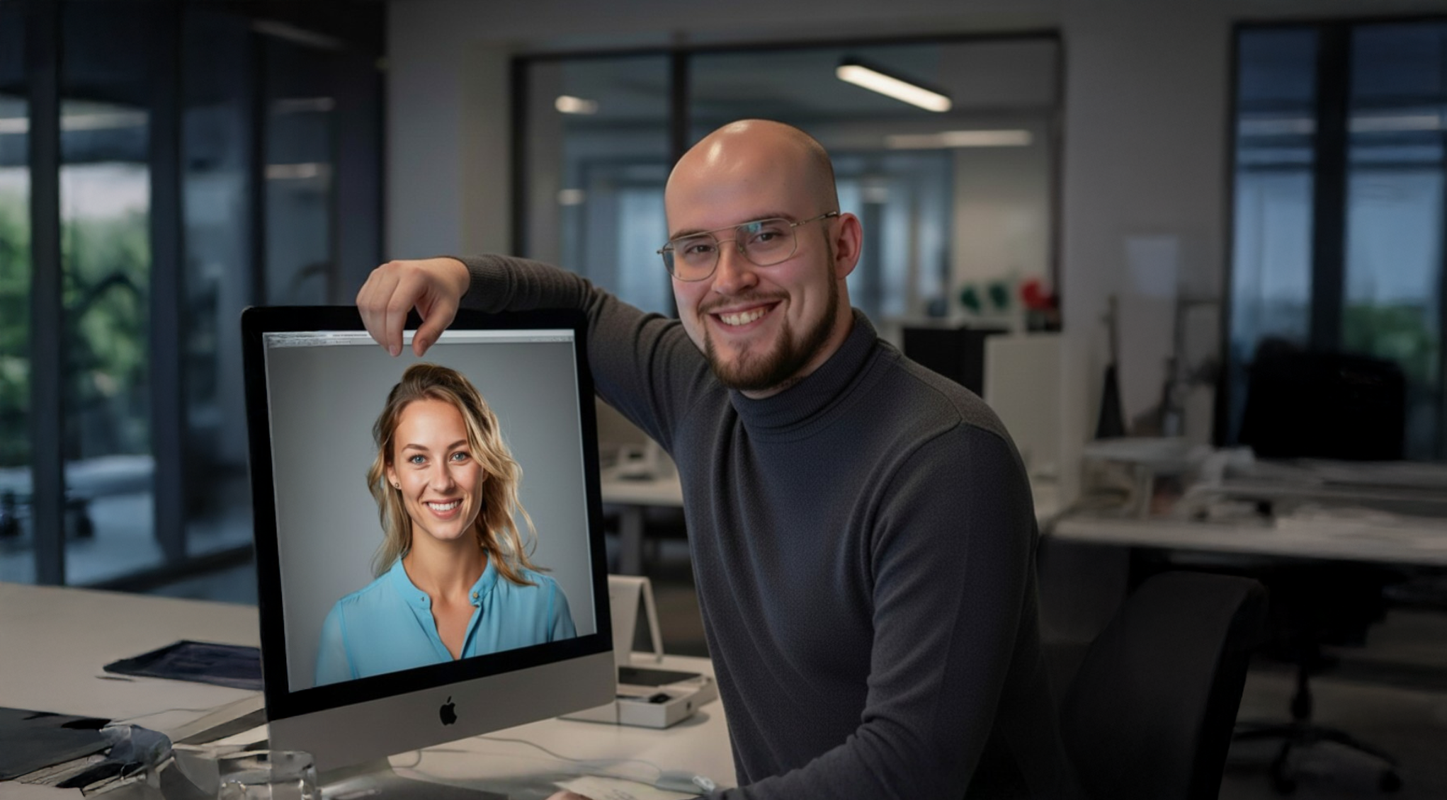 Lachende man met bril en grijze coltrui presenteert een iMac-scherm met daarop een portretfoto van een blonde vrouw in een lichtblauw shirt, in een modern kantoor