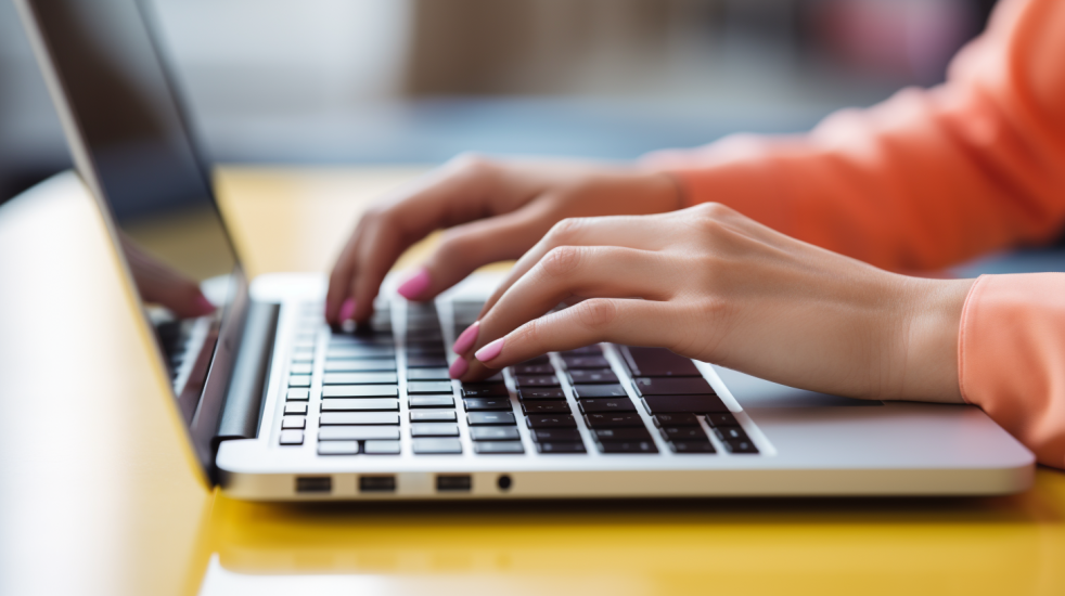 handen die typen op een laptop op een bureau, symbool voor werken met een digitale AI-medewerker