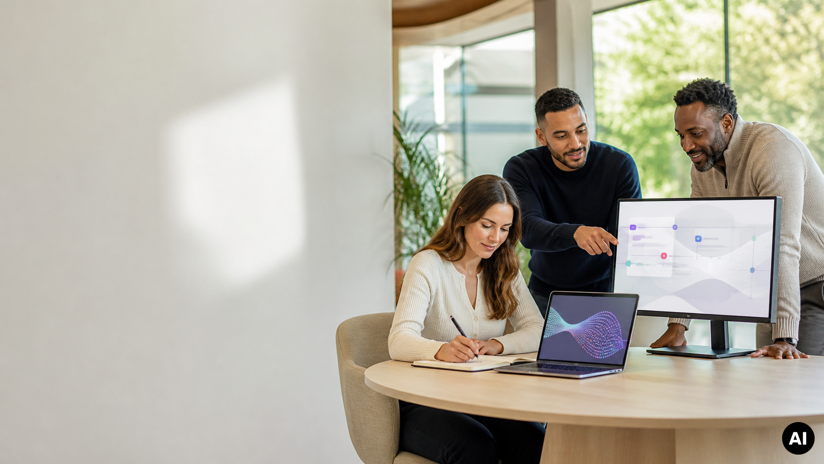 Drie collega's werken aan een tafel met laptop, notitieboek en monitor met een abstracte datavisualisatie.