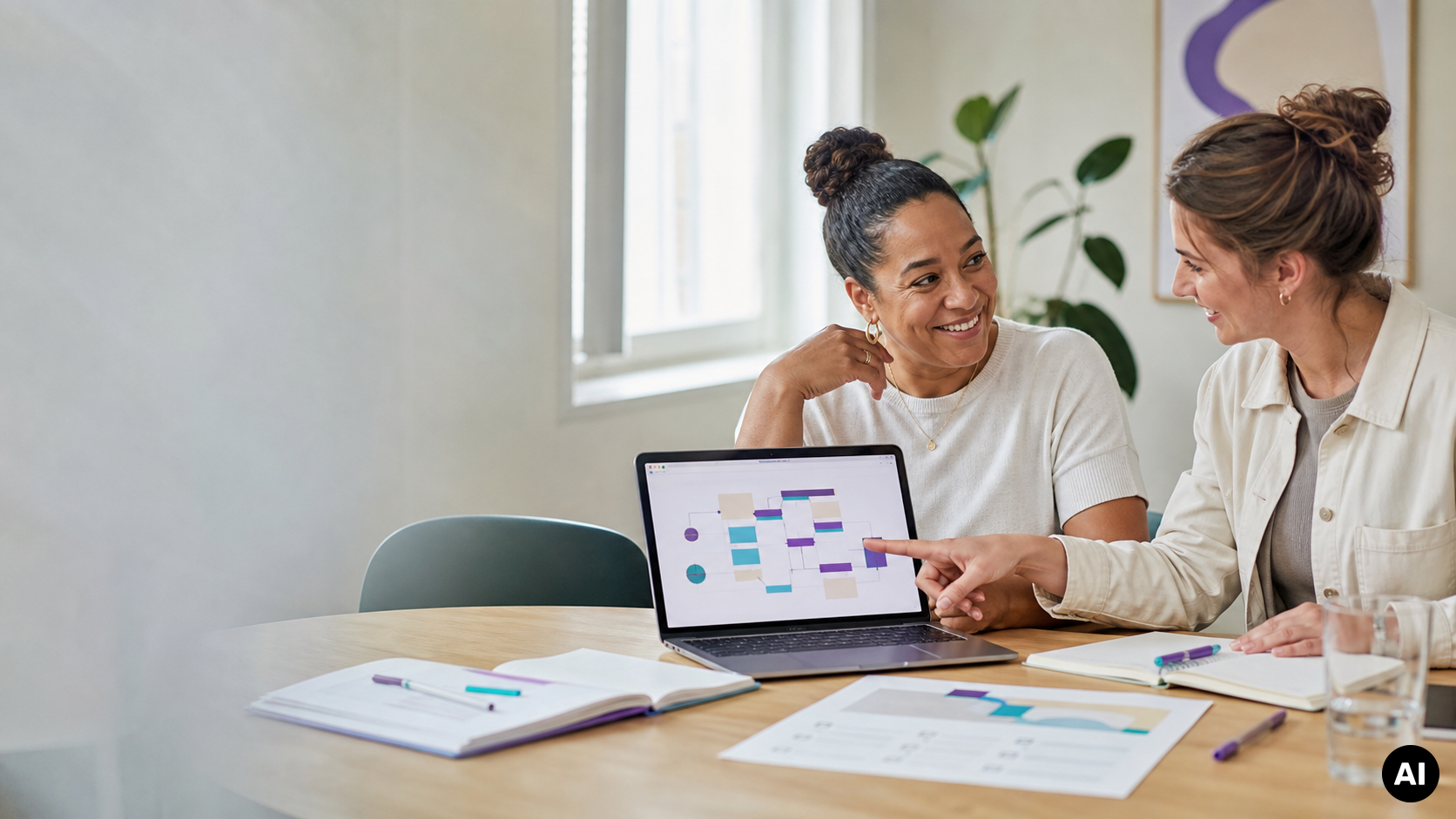 Twee collega’s bespreken aan een tafel een contentplanning op een laptop; een van hen wijst naar het schema op het scherm.