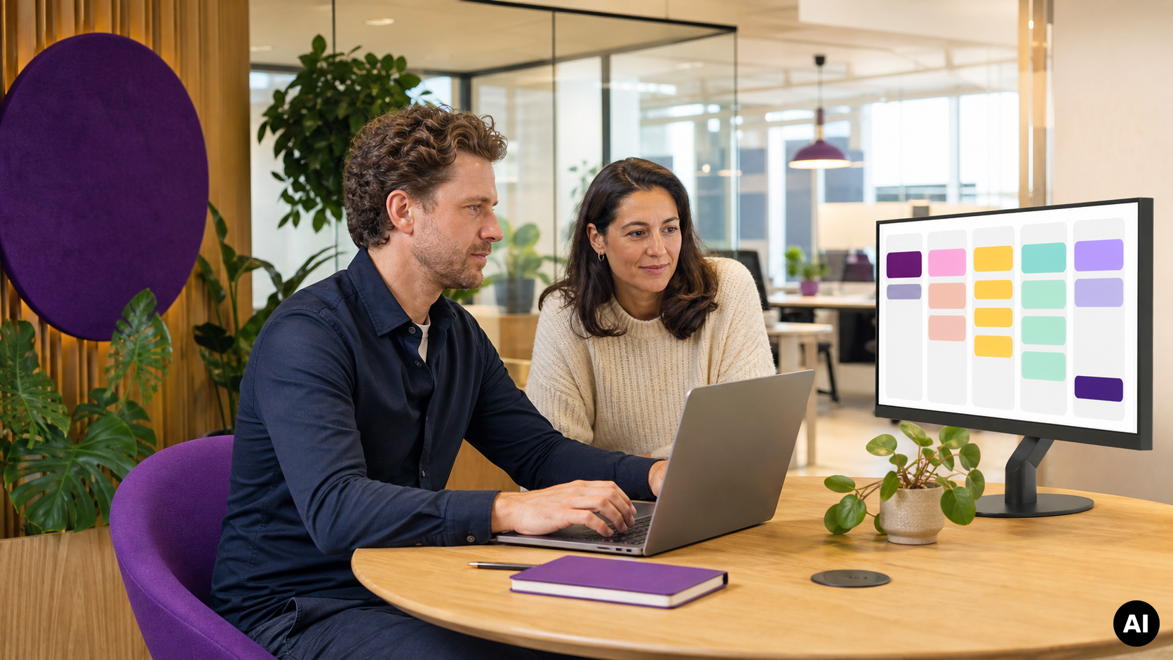Twee collega's werken aan een laptop naast een monitor met een kleurrijk digitaal werkbord in een moderne kantoorruimte.