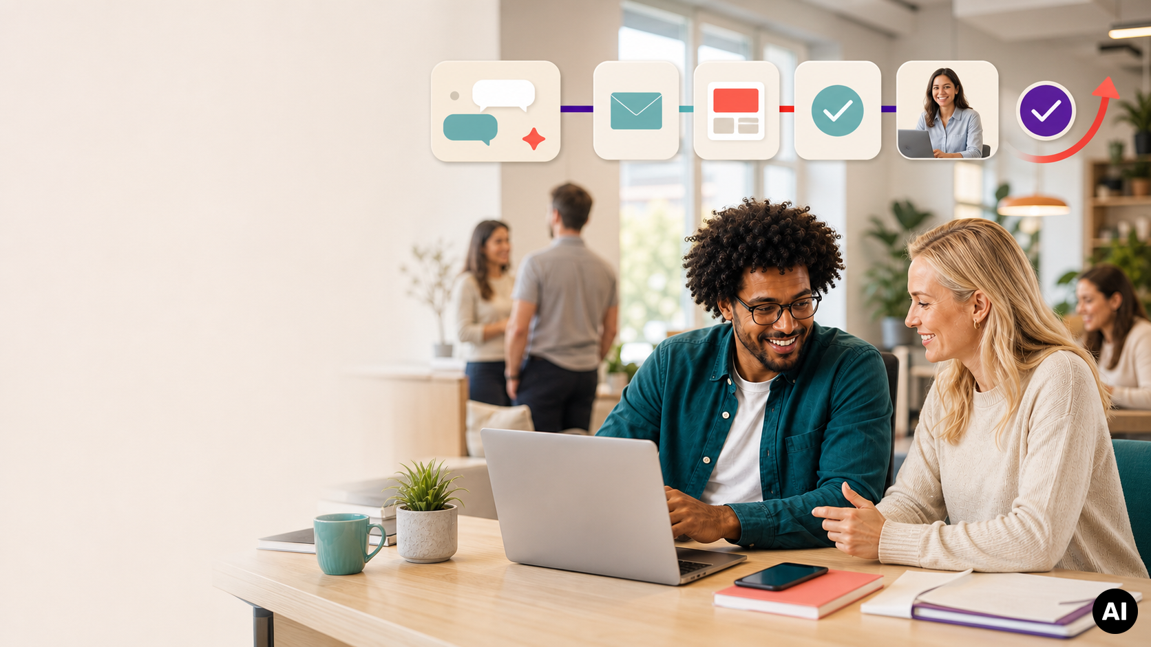 Twee collega's werken samen aan een laptop, met daarboven een visuele AI-workflow van chat, e-mail, webpagina, goedkeuring, digitale medewerker en groeipijl.