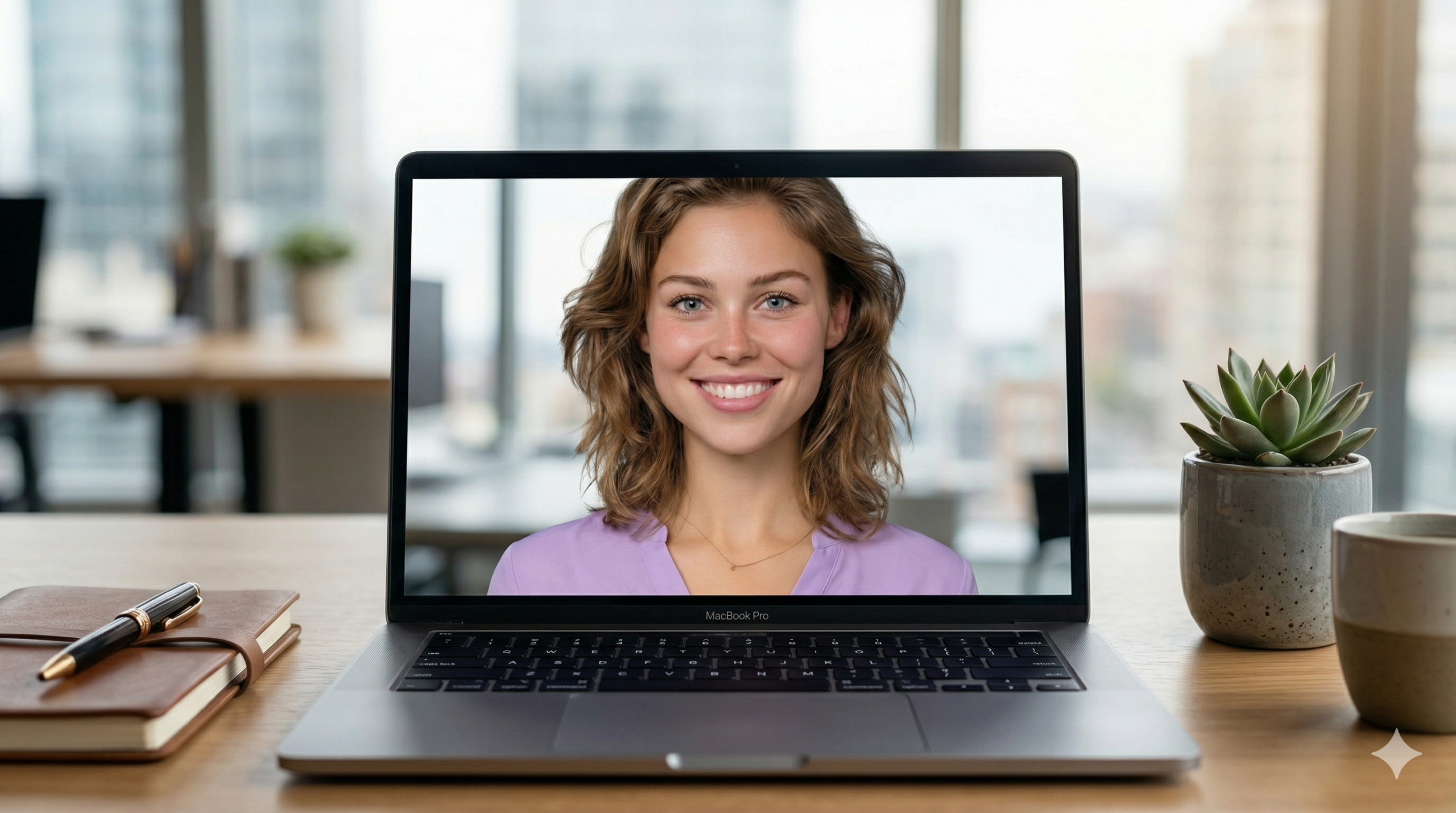 Laptopscherm met een glimlachende digitale vrouw in een kantooromgeving, naast een notitieboek, pen, plant en koffiekopje.