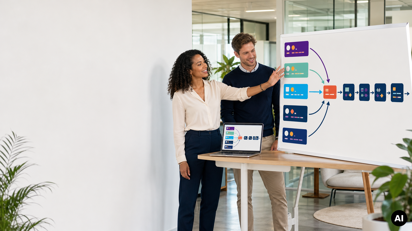 Twee collega's bespreken een AI-werkstroom op een whiteboard met gekoppelde processtappen; op tafel staat een laptop met hetzelfde schema.
